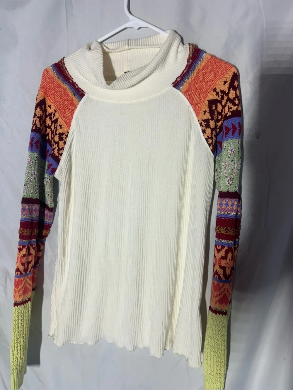 Free People Cream Turtleneck with Multicolor Fair Isle Sleeves